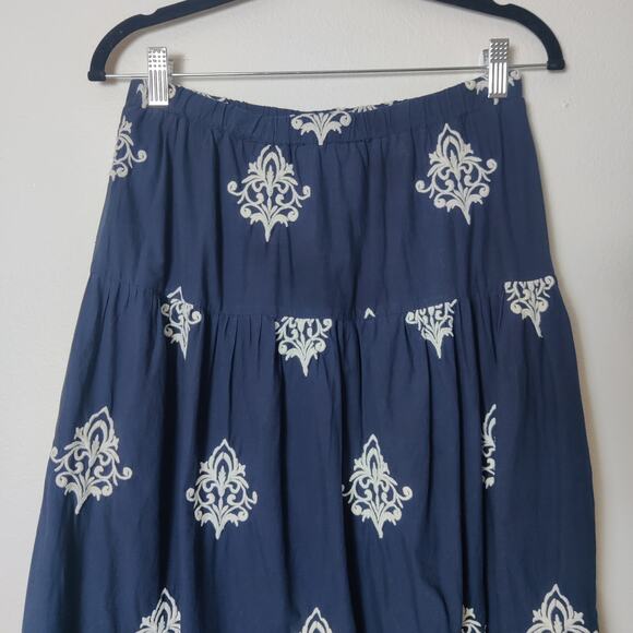 NVLT Embroidered Tiered Cotton Maxi Peasant Skirt Navy Blue Fleur de Lis Small - Picture 7 of 13